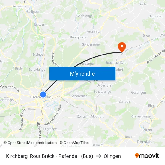 Kirchberg, Rout Bréck - Pafendall (Bus) to Olingen map