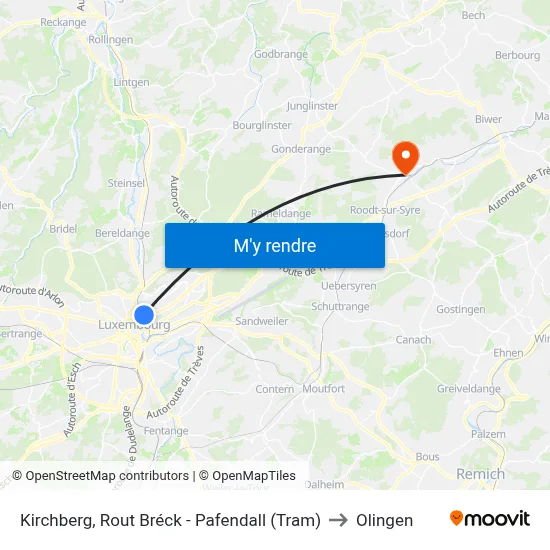 Kirchberg, Rout Bréck - Pafendall (Tram) to Olingen map