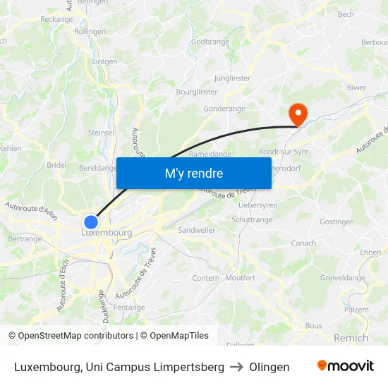 Luxembourg, Uni Campus Limpertsberg to Olingen map
