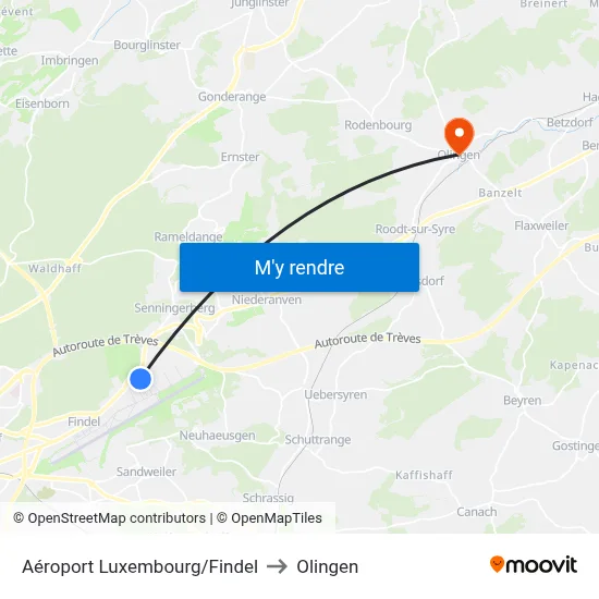 Aéroport Luxembourg/Findel to Olingen map