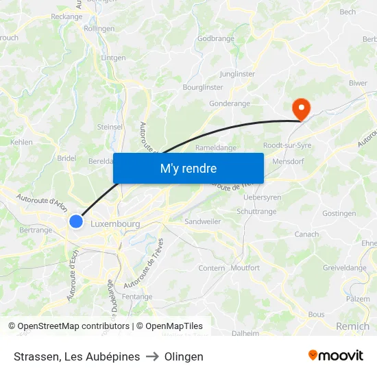 Strassen, Les Aubépines to Olingen map