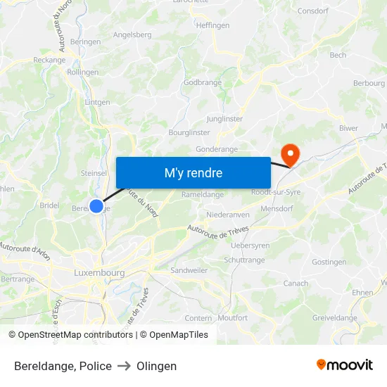 Bereldange, Police to Olingen map