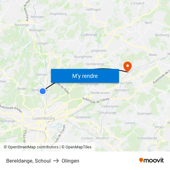 Bereldange, Schoul to Olingen map