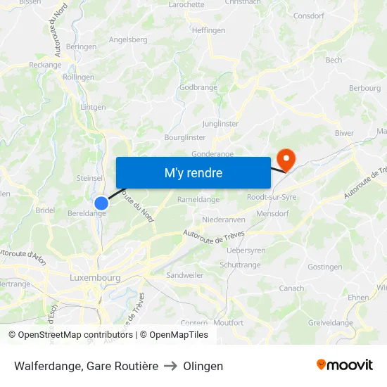 Walferdange, Gare Routière to Olingen map
