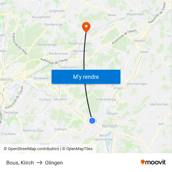 Bous, Kiirch to Olingen map