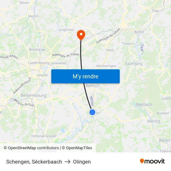 Schengen, Séckerbaach to Olingen map