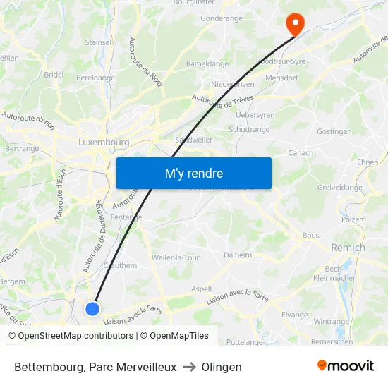 Bettembourg, Parc Merveilleux to Olingen map