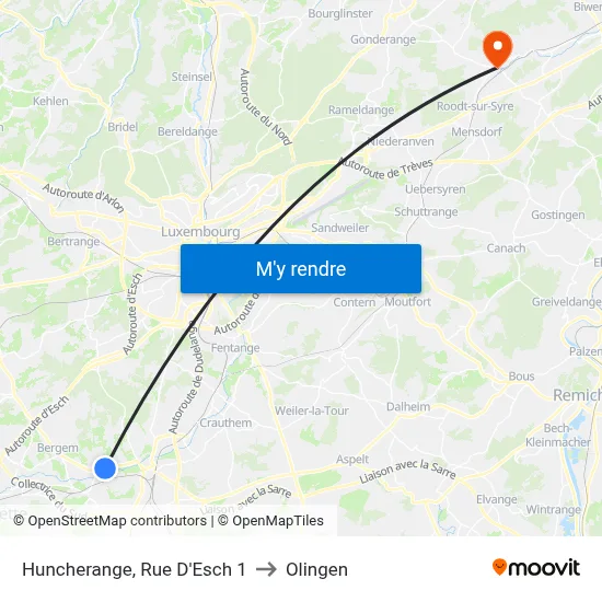 Huncherange, Rue D'Esch 1 to Olingen map