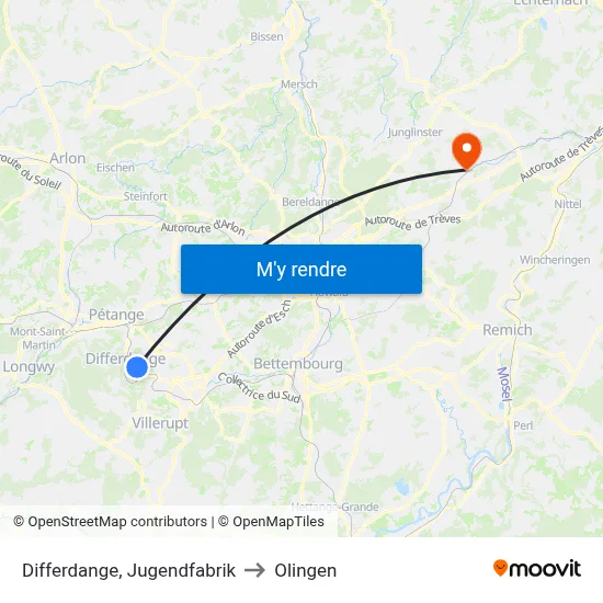 Differdange, Jugendfabrik to Olingen map