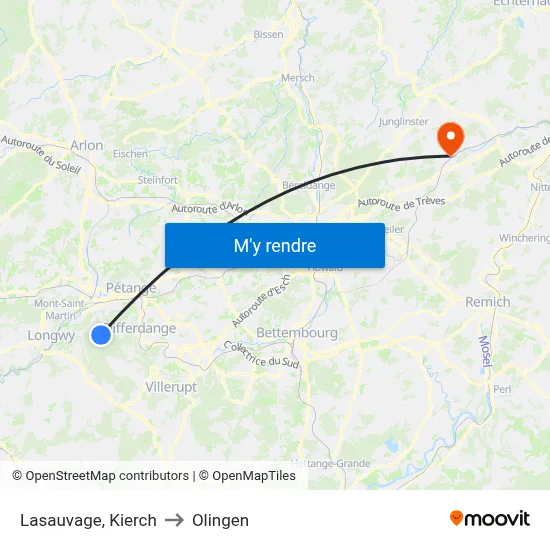 Lasauvage, Kierch to Olingen map