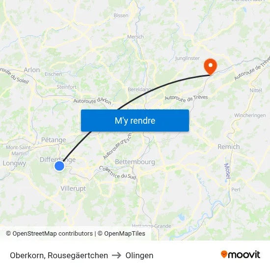 Oberkorn, Rousegäertchen to Olingen map