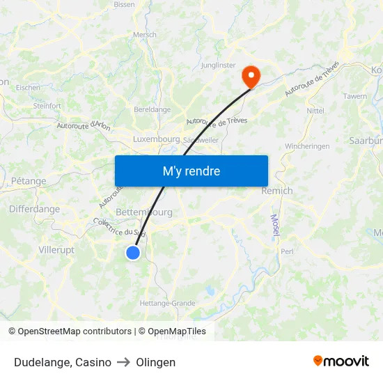 Dudelange, Casino to Olingen map