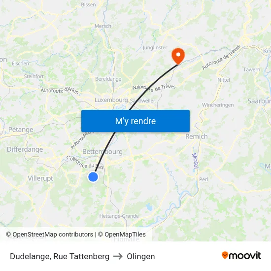 Dudelange, Rue Tattenberg to Olingen map