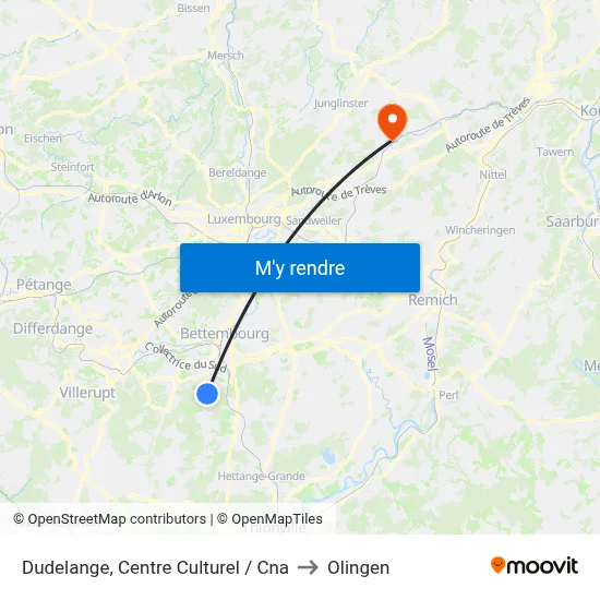 Dudelange, Centre Culturel / Cna to Olingen map