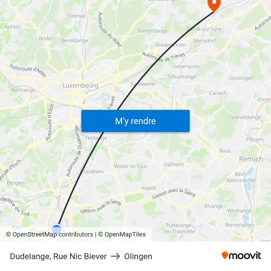 Dudelange, Rue Nic Biever to Olingen map