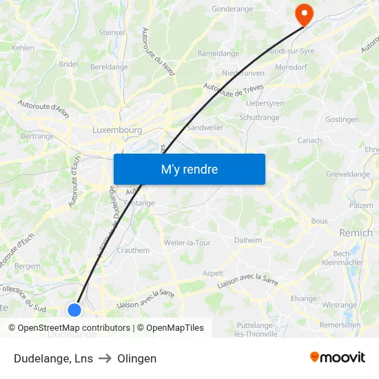 Dudelange, Lns to Olingen map