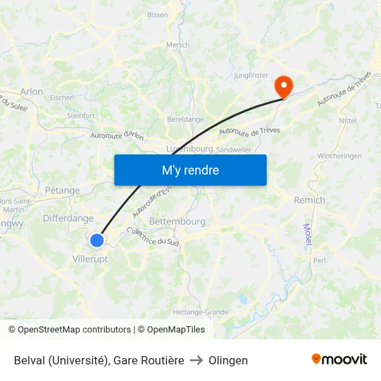 Belval (Université), Gare Routière to Olingen map
