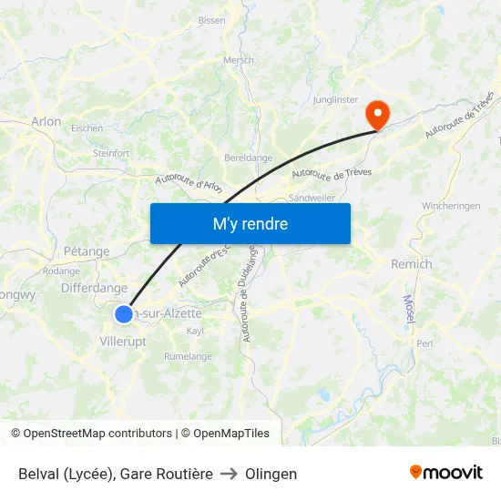 Belval (Lycée), Gare Routière to Olingen map