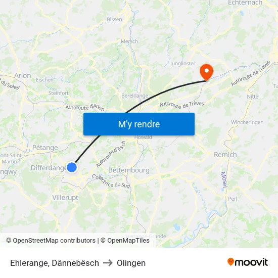 Ehlerange, Dännebësch to Olingen map