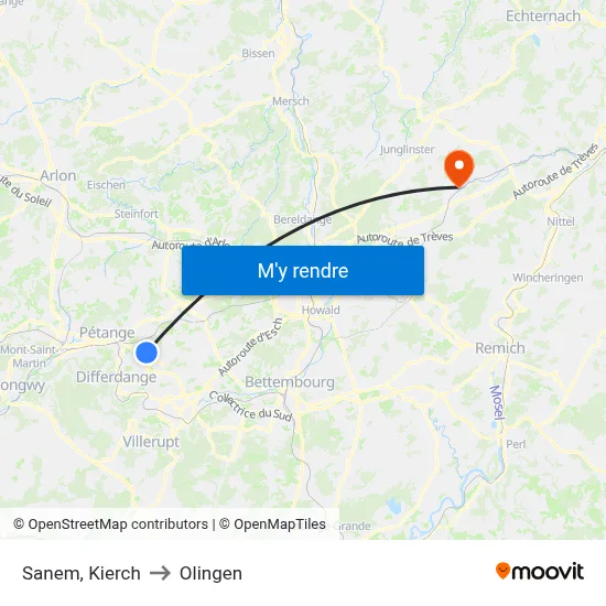 Sanem, Kierch to Olingen map