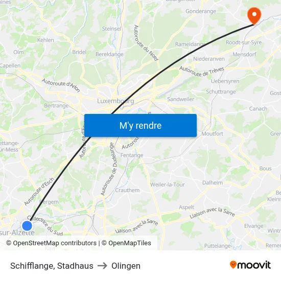 Schifflange, Stadhaus to Olingen map