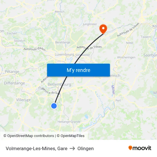 Volmerange-Les-Mines, Gare to Olingen map