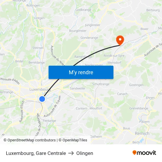 Luxembourg, Gare Centrale to Olingen map