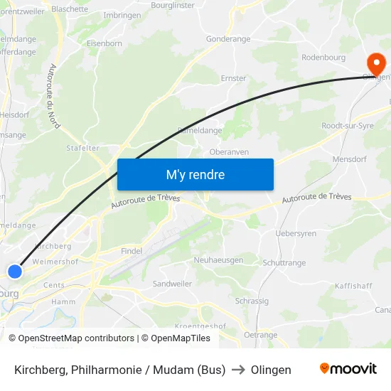 Kirchberg, Philharmonie / Mudam (Bus) to Olingen map