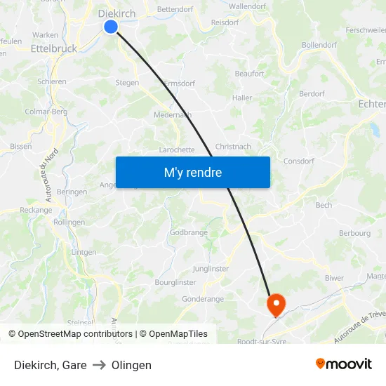 Diekirch, Gare to Olingen map