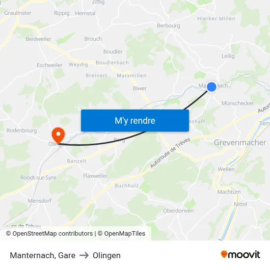 Manternach, Gare to Olingen map
