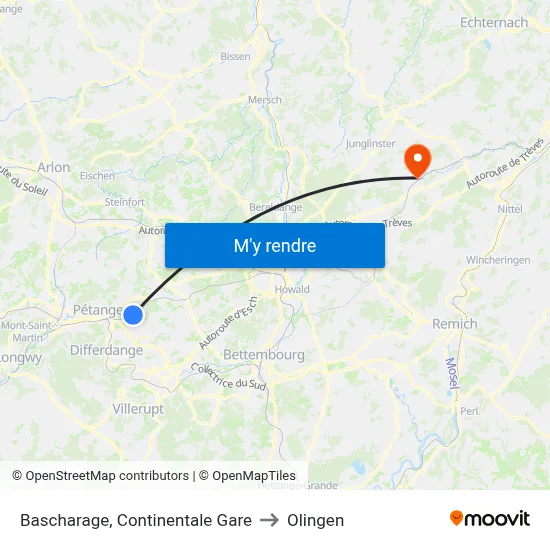 Bascharage, Continentale Gare to Olingen map