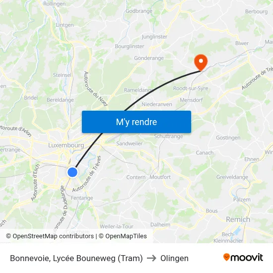 Bonnevoie, Lycée Bouneweg (Tram) to Olingen map