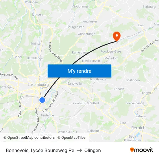 Bonnevoie, Lycée Bouneweg Pe to Olingen map