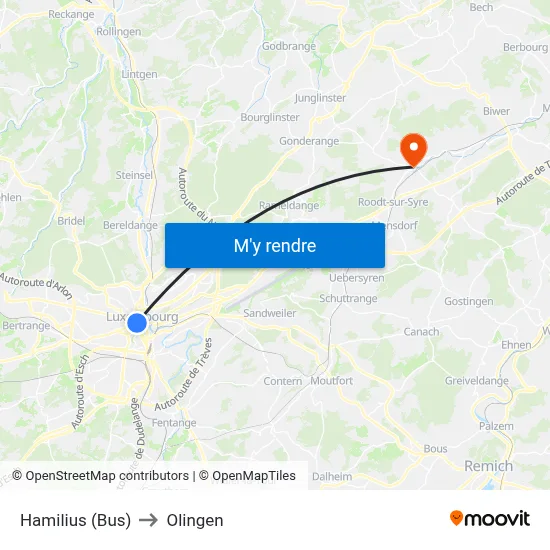 Hamilius (Bus) to Olingen map