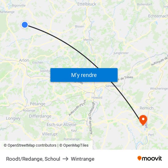 Roodt/Redange, Schoul to Wintrange map