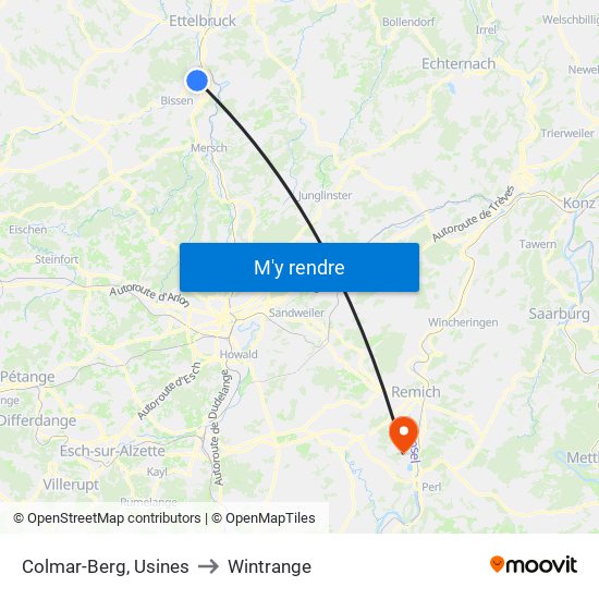 Colmar-Berg, Usines to Wintrange map