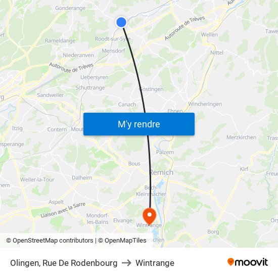 Olingen, Rue De Rodenbourg to Wintrange map