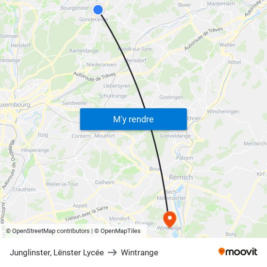 Junglinster, Lënster Lycée to Wintrange map