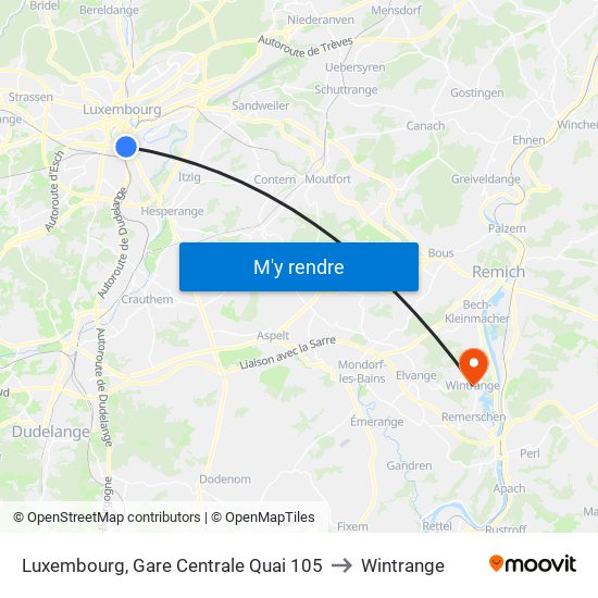 Luxembourg, Gare Centrale Quai 105 to Wintrange map