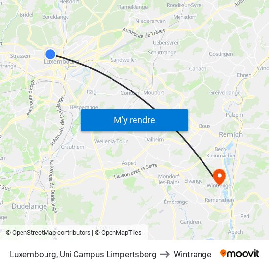 Luxembourg, Uni Campus Limpertsberg to Wintrange map