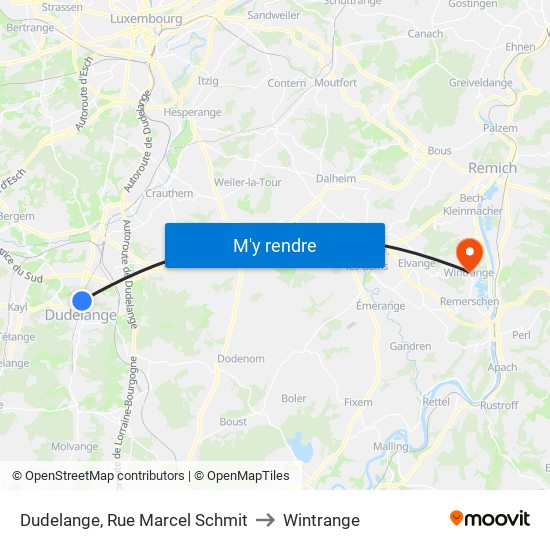 Dudelange, Rue Marcel Schmit to Wintrange map