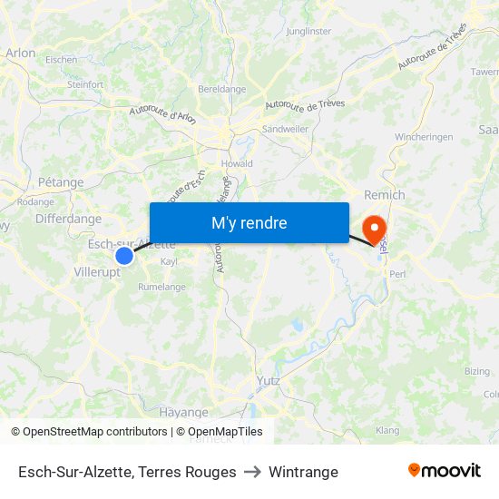 Esch-Sur-Alzette, Terres Rouges to Wintrange map