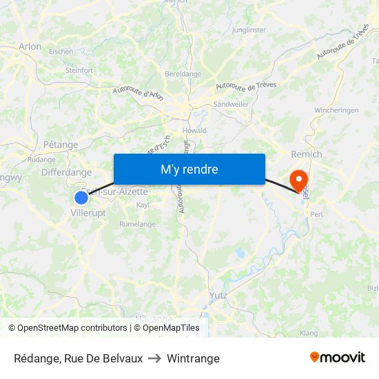 Rédange, Rue De Belvaux to Wintrange map