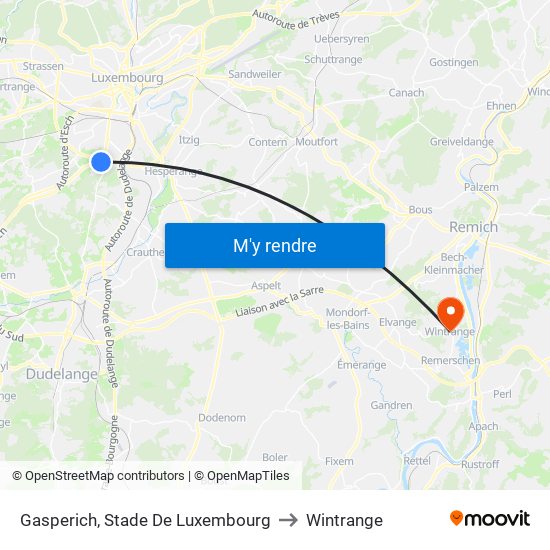 Gasperich, Stade De Luxembourg to Wintrange map