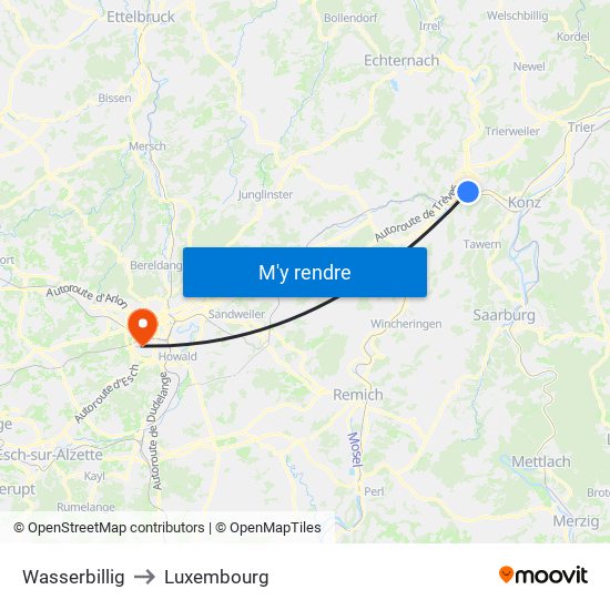 Wasserbillig to Luxembourg map