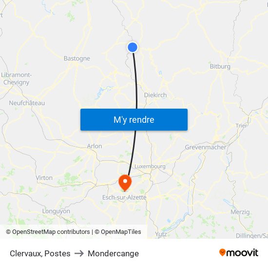 Clervaux, Postes to Mondercange map