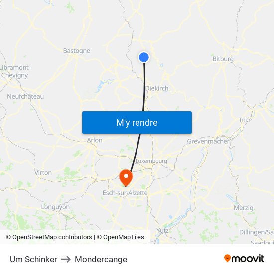 Um Schinker to Mondercange map