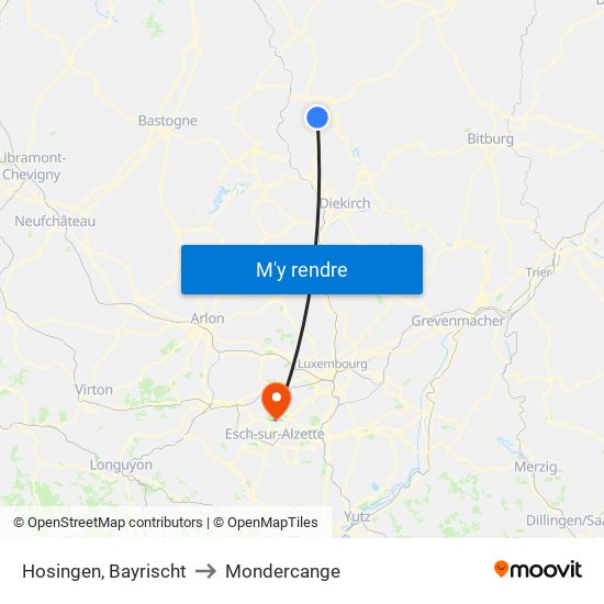 Hosingen, Bayrischt to Mondercange map