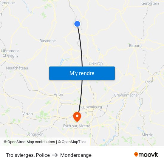 Troisvierges, Police to Mondercange map