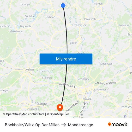 Bockholtz/Wiltz, Op Der Millen to Mondercange map